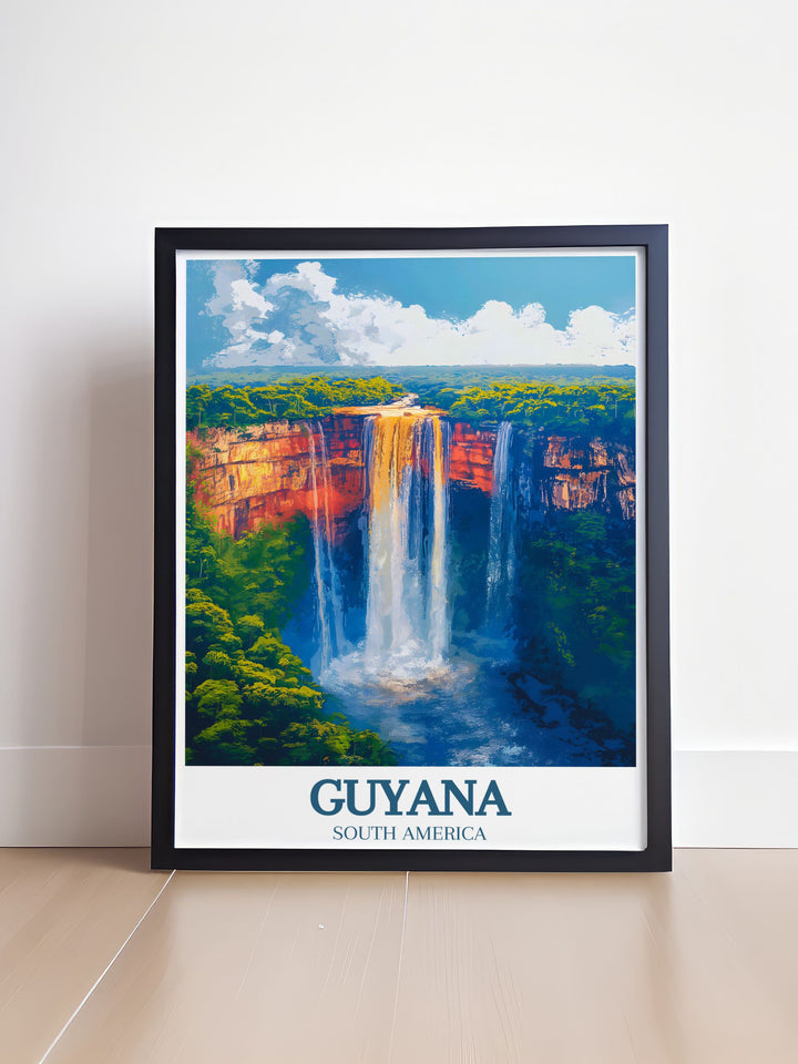 Showcasing the lush greenery and vibrant ecosystem of Guyanas Amazon basin, this travel poster highlights the rich biodiversity and stunning landscapes, ideal for nature lovers.