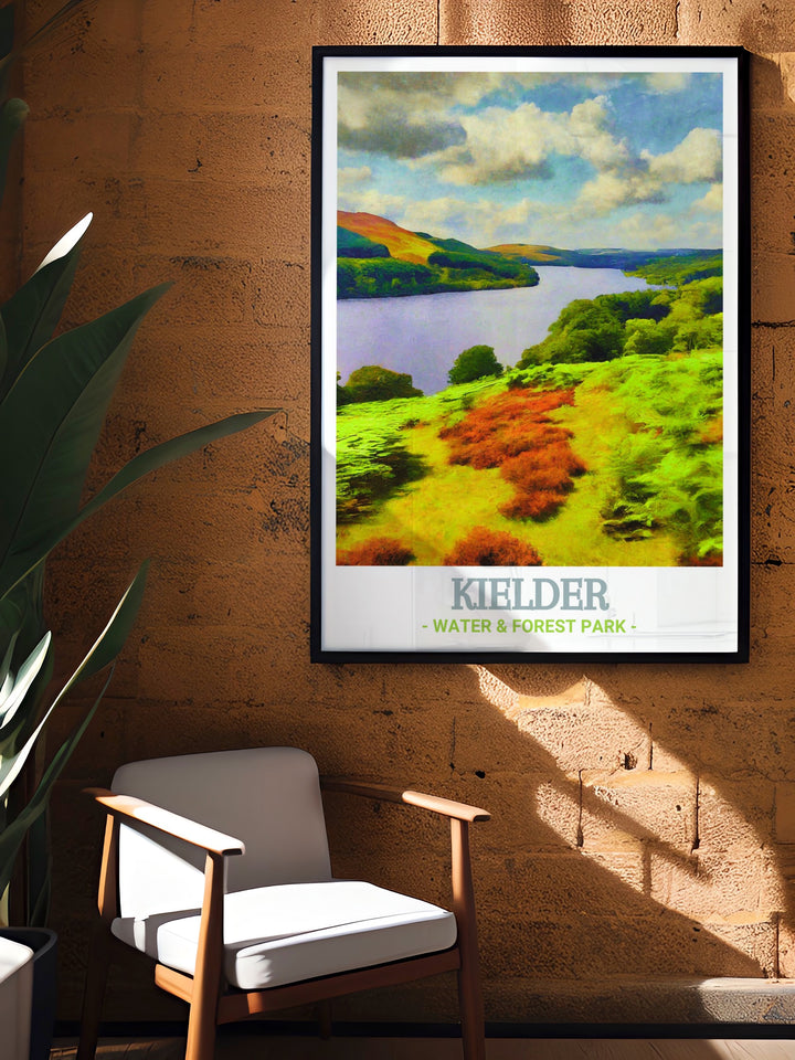 Travel poster of Kielder Water, Kielder Water & Forest Park, showcasing the lush greenery and tranquil surroundings. This print captures the essence of Kielder Water, making it a perfect gift for those who love nature and the serene beauty of Northumberlands landscapes.