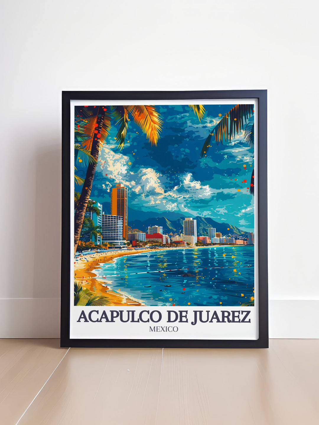 Acapulco Bays serene waters and stunning sunsets are beautifully illustrated in this travel poster, inviting viewers to explore Acapulco de Juárez.