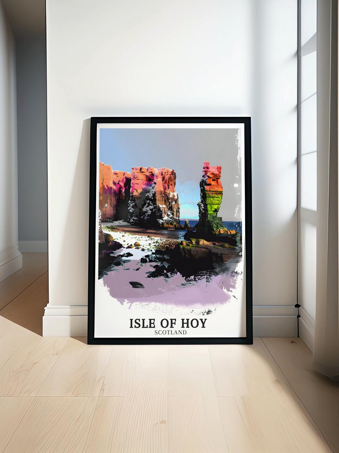 This Isle of Hoy poster print features the stunning Old Man of Hoy, a towering sea stack located on the Orkney Islands. Capturing the rugged beauty of Scotlands coastline, this travel poster is perfect for those who admire the natural landscapes of Scotland. Ideal for home decor or a unique travel gift, this art print showcases the wild beauty of the Isle of Hoy.