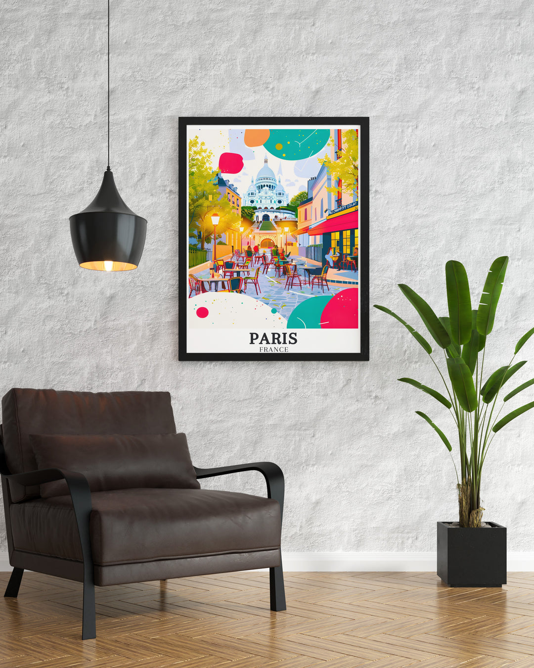 Beautiful Paris Decor print featuring Sacre Coeur Basilica and Montmartre. This vibrant wall art adds a splash of color to any room and makes a perfect personalized gift.