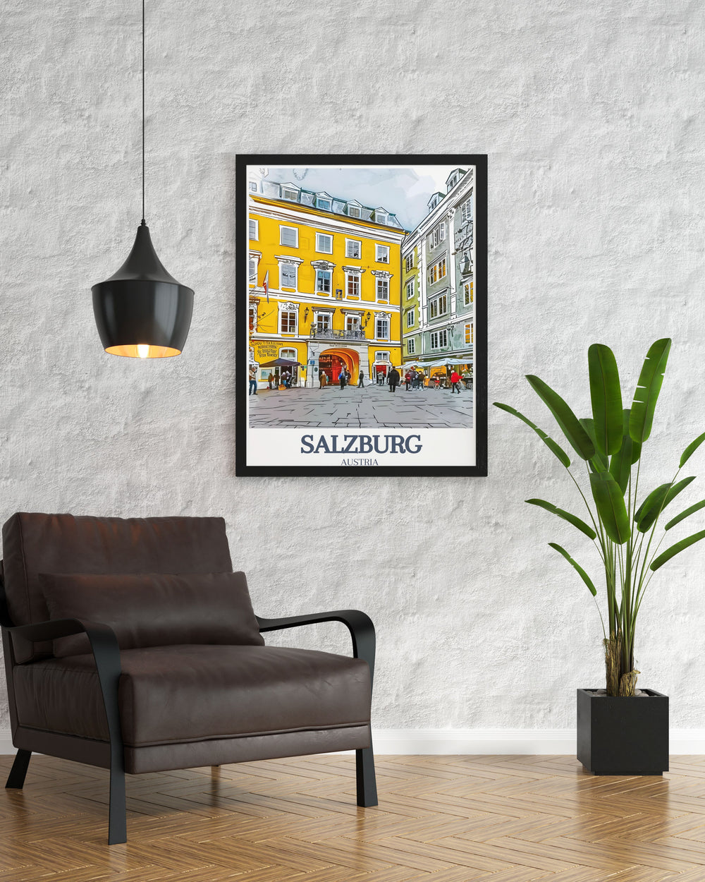 Discover Salzburgs beauty with this art print featuring Mozarts Birthplace and Getreidegasse. Ideal for Salzburg decor lovers and a thoughtful gift option for anniversaries birthdays or Christmas with vibrant colors and an elegant city map.