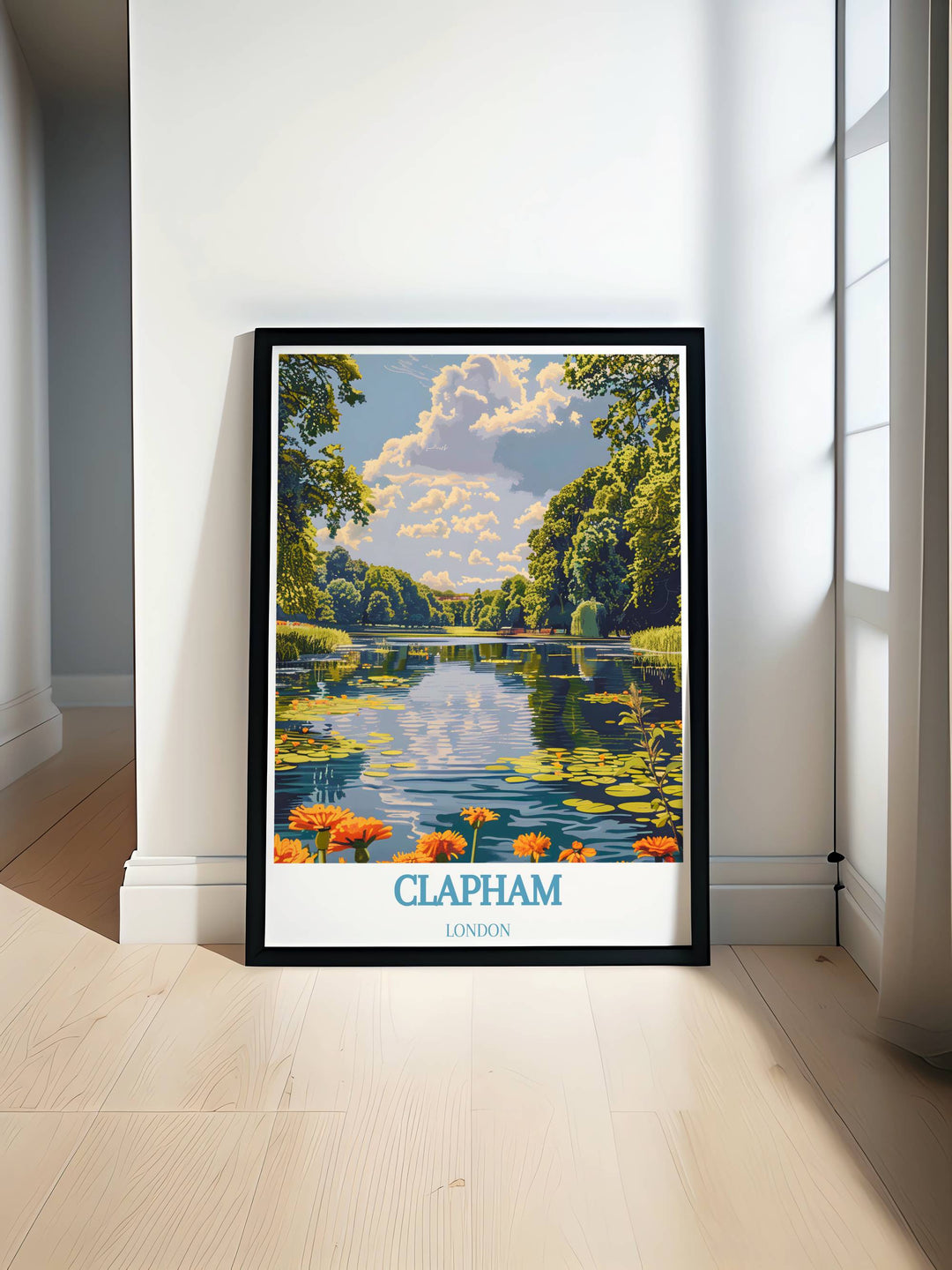 Clapham Common print featuring the iconic Clapham Bandstand a must have for London travel enthusiasts and wall art decor lovers bringing the beauty of this London park into your home or office.