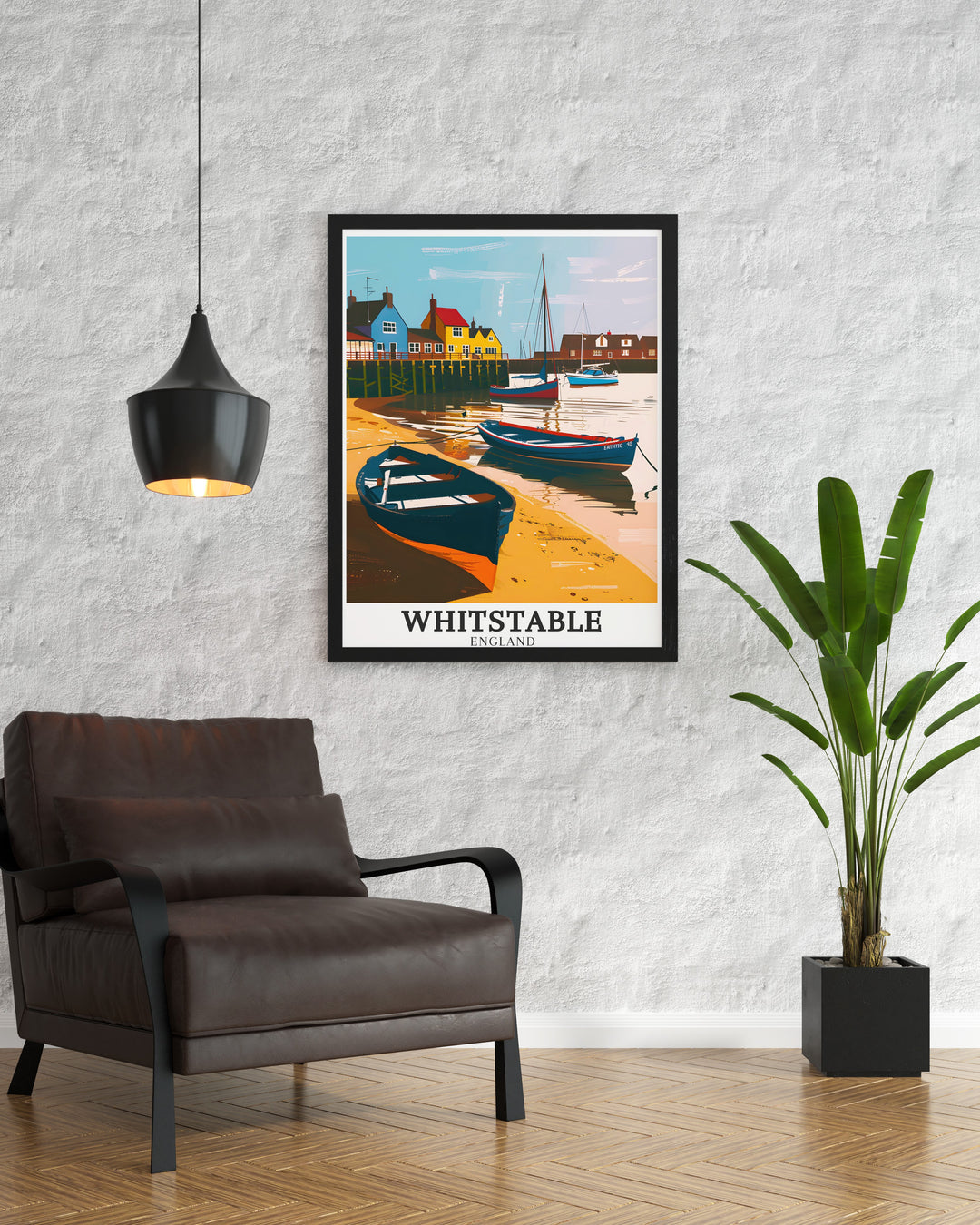 Whitstable Harbour scenic print depicting the dynamic waterfront and picturesque surroundings. This print brings the energy and beauty of Whitstable Harbour into your home, perfect for beach lovers and travellers.