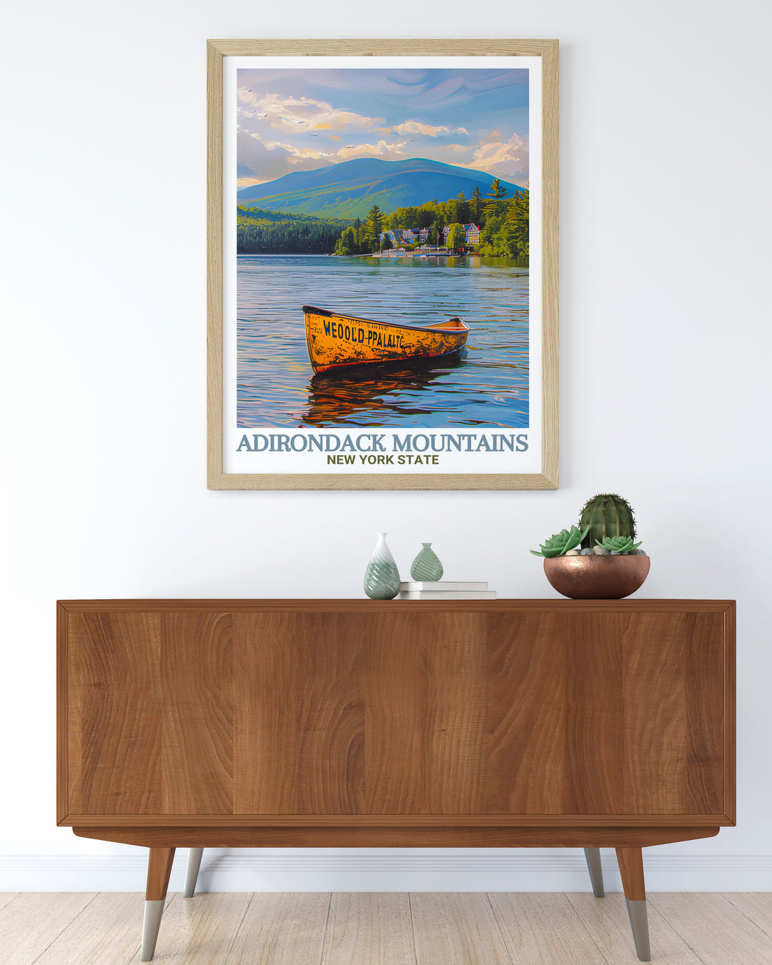 Add elegance to your living room with Lake Placid wall art depicting the Adirondack Mountains in a modern and captivating style that enhances any decor with its natural beauty