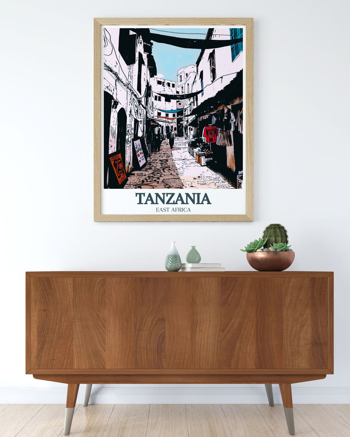 National Park Poster highlighting the iconic Serengeti landscape and Unguja Stone Town perfect for anyone looking to decorate their home with African safari art and historic travel prints that evoke the beauty of Tanzania.