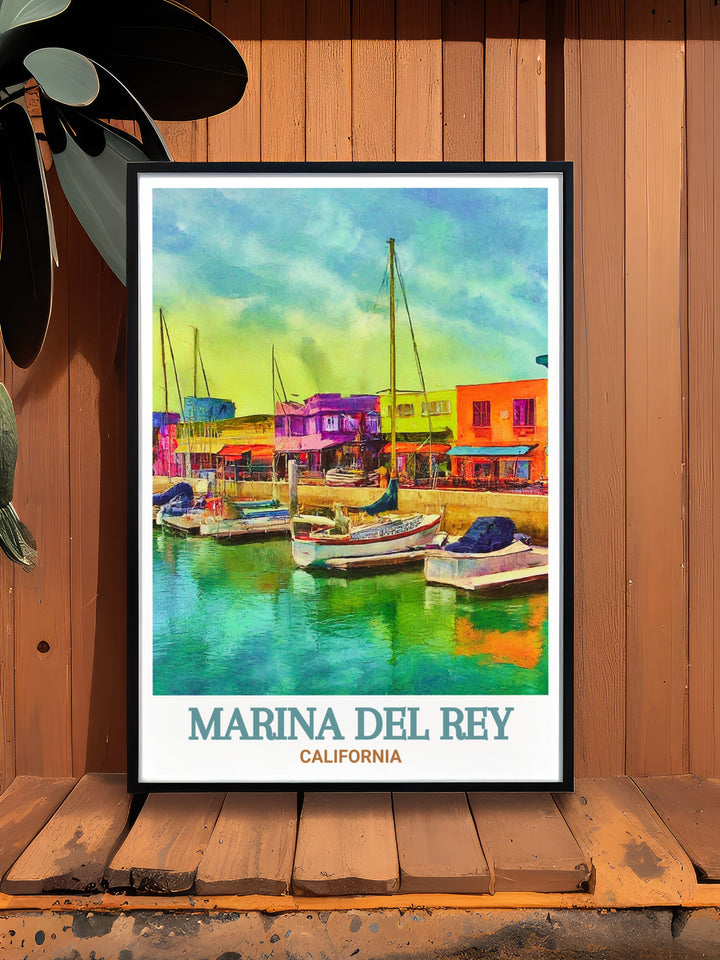 Marina del Rey city map art print featuring a colorful design and fine line details perfect for modern home decor. With Fishermans Village included this poster offers a unique coastal vibe great for wall art enthusiasts and thoughtful gifts for loved ones.