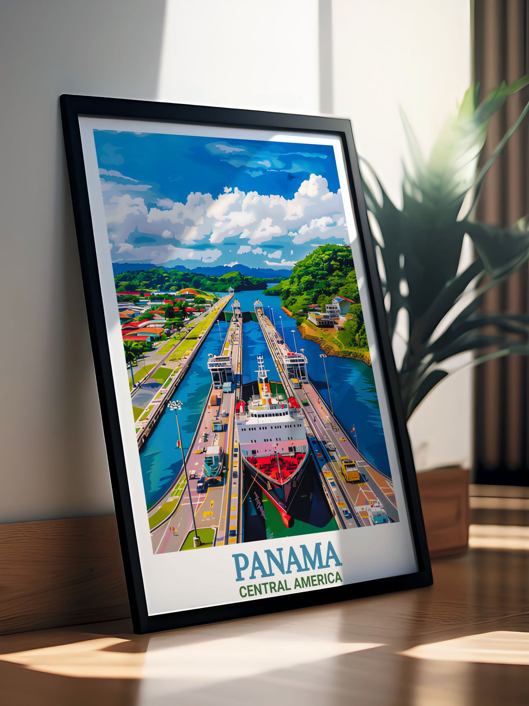 Panama Poster Print featuring the stunning Panama Canal and the surrounding landscapes of Central America. This travel print brings together the natural beauty of the region and the historical importance of the canal, making it a perfect piece of wall decor for beach houses or homes.