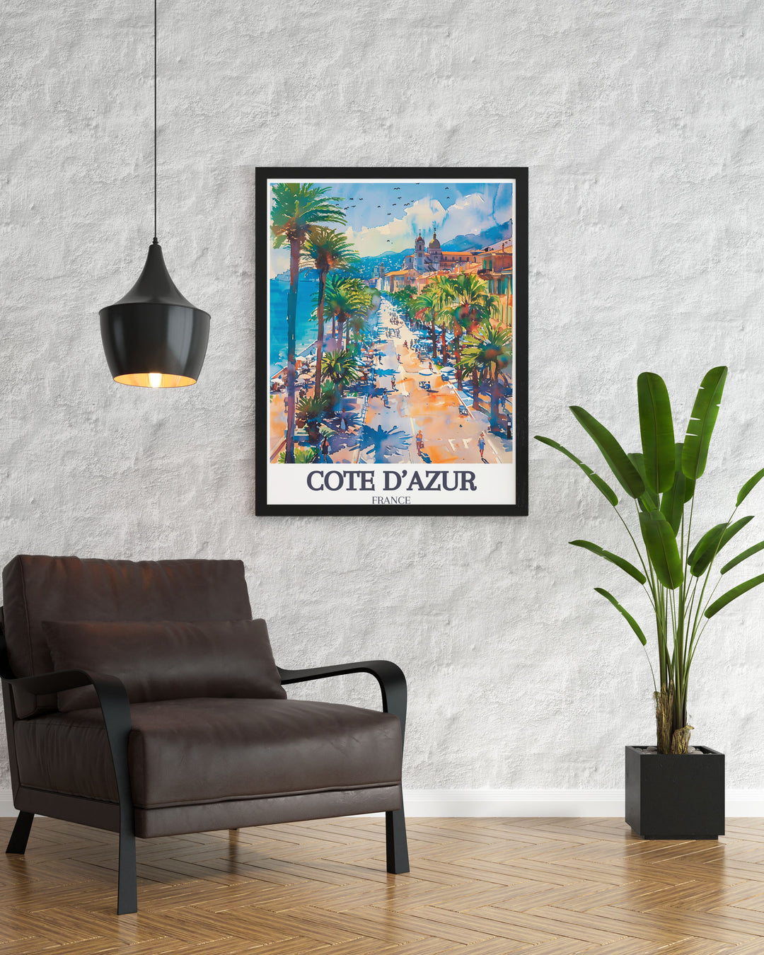 This travel print of the Promenade des Anglais highlights the beauty of the Côte dAzurs coastline, perfect for adding a touch of sophistication and natural beauty to your home decor.