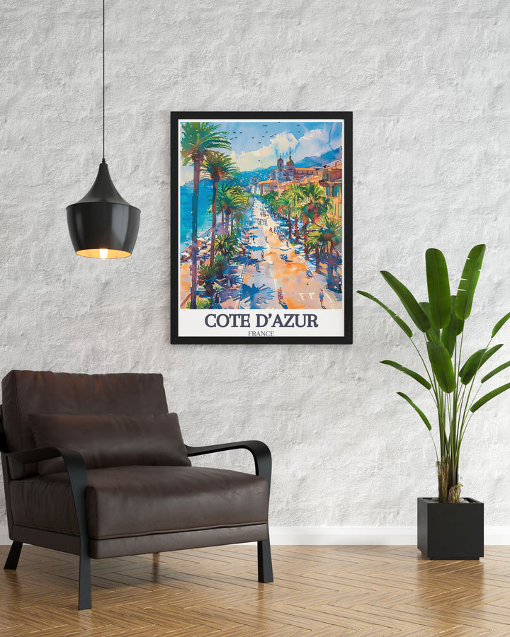 This travel print of the Promenade des Anglais highlights the beauty of the Côte dAzurs coastline, perfect for adding a touch of sophistication and natural beauty to your home decor.