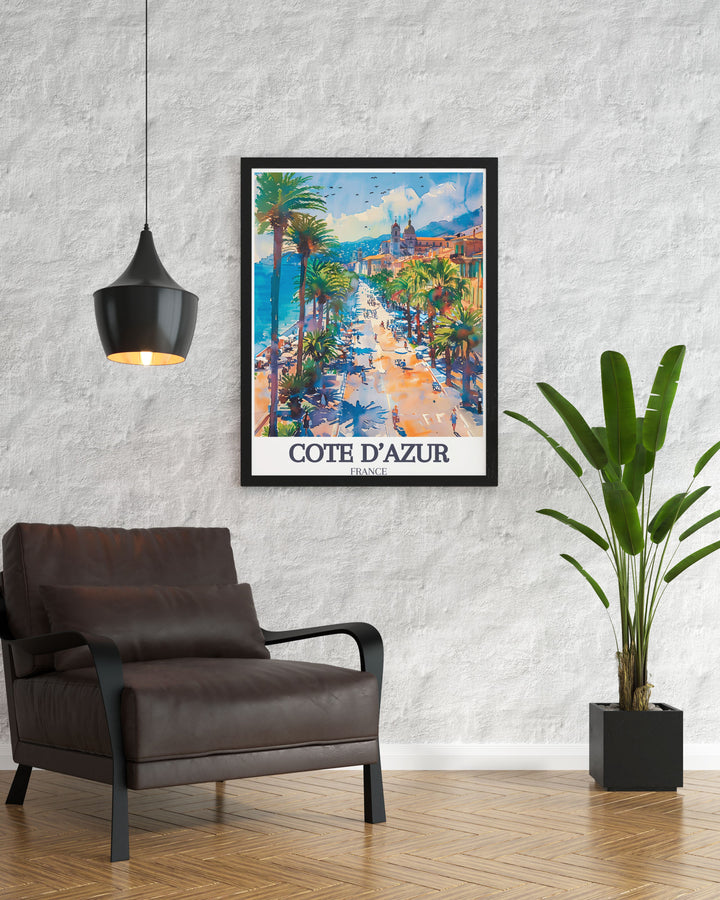 Celebrate the French Riviera with this Côte dAzur poster, featuring Nices Promenade des Anglais. This travel print is perfect for anyone who loves Mediterranean landscapes and wants to bring a piece of France into their home.