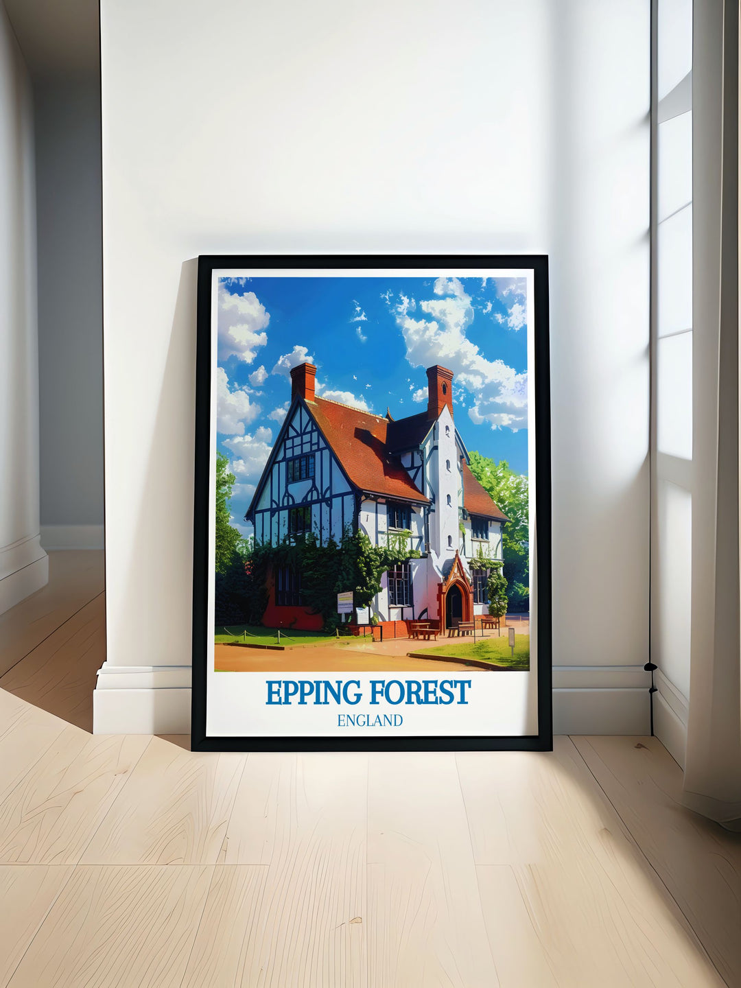 Poster featuring Queen Elizabeths Hunting Lodge, showcasing the historic timber framed structure surrounded by the beauty of Epping Forest.