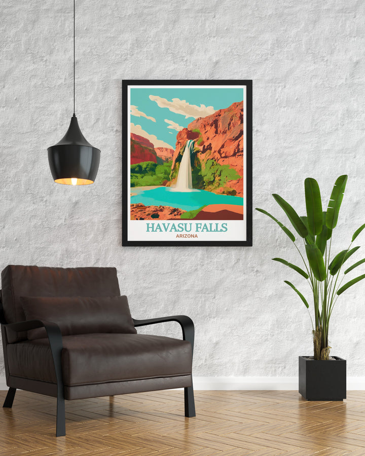 Detailed Havasu Falls wall art capturing the essence of Arizonas most famous waterfall, where the stunning blue green waters cascade over red cliffs. This print is a great addition to any home, offering a glimpse into the beauty of the American Southwest.