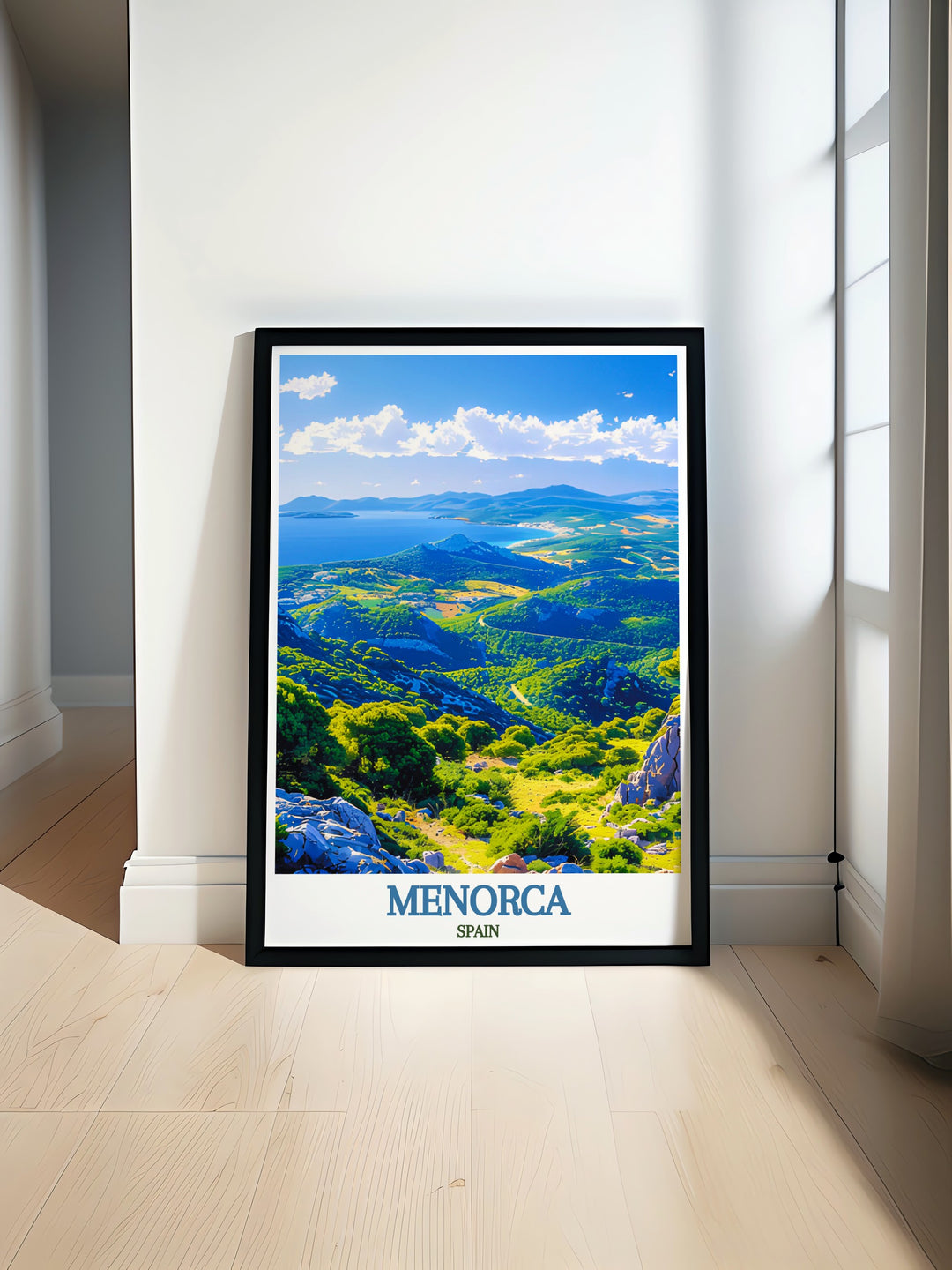 Monte Toro modern print featuring the breathtaking panoramic views of Menorca with its lush green hills and serene skies ideal for Spain wall art and home decor creating a sophisticated and calming atmosphere in any room with its detailed and vibrant depiction.