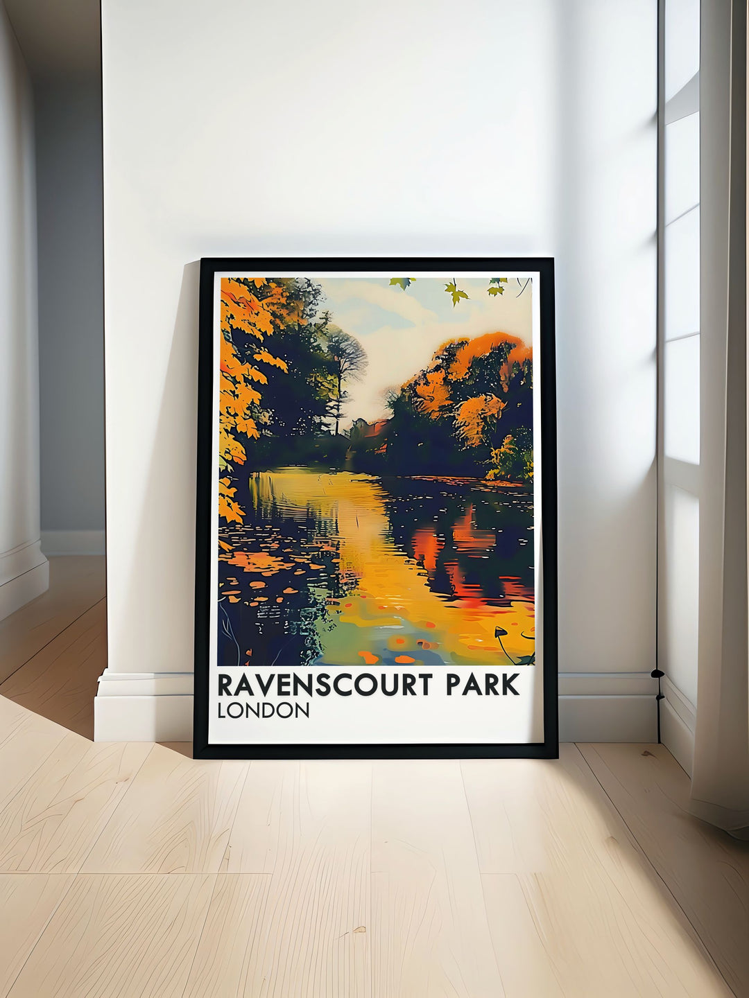 Ravenscourt Park Lake London Travel Poster showcasing the serene lake with lush greenery and historic trees. Ideal for adding a touch of tranquility to any space, this poster highlights the peaceful beauty of one of West Londons cherished parks.