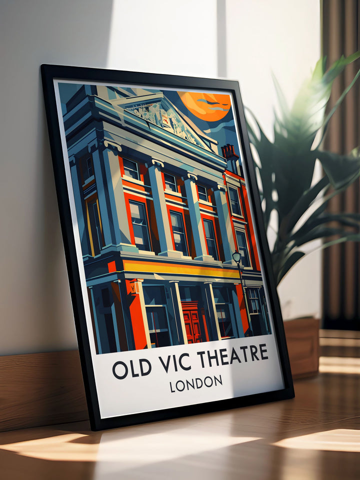 This retro travel poster highlights The Old Vic Theatres exterior, capturing the buildings historic charm with a modern art deco twist. Perfect for any room, the print offers a stylish way to celebrate Londons theatre history and makes a great gift for art lovers.