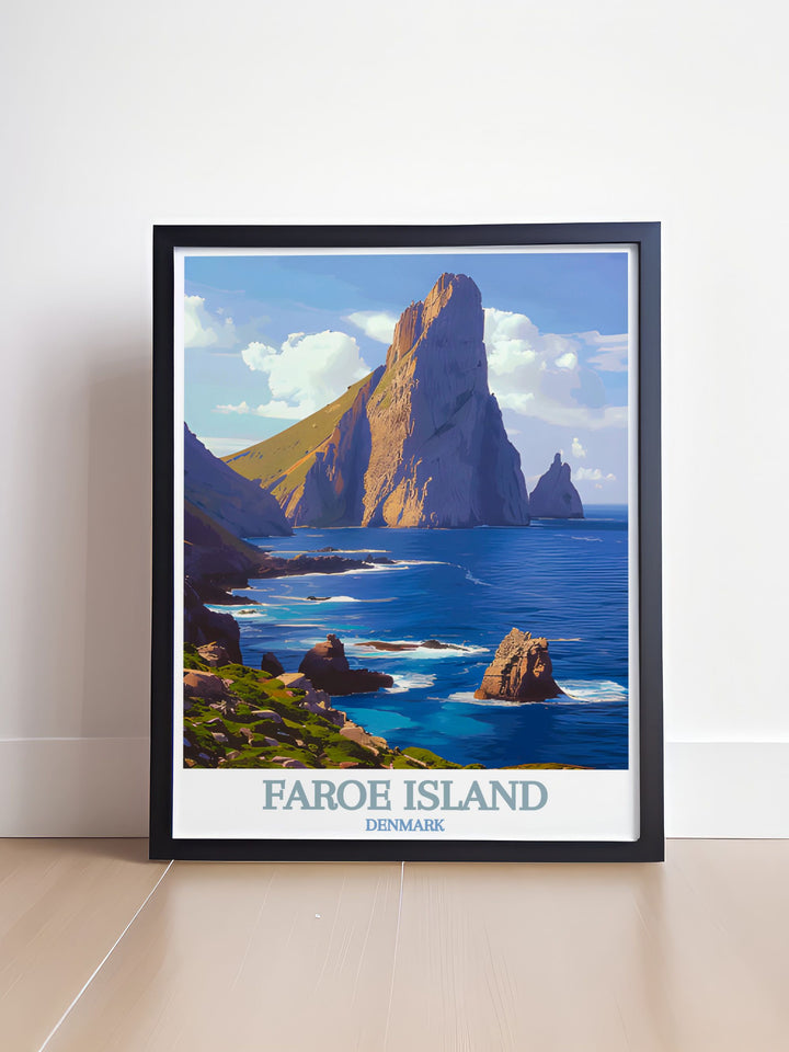 The enchanting scenery of Tindhólmur and its dramatic sea stacks are beautifully illustrated in this travel poster, celebrating the natural splendor and tranquil environment of the Faroe Islands.