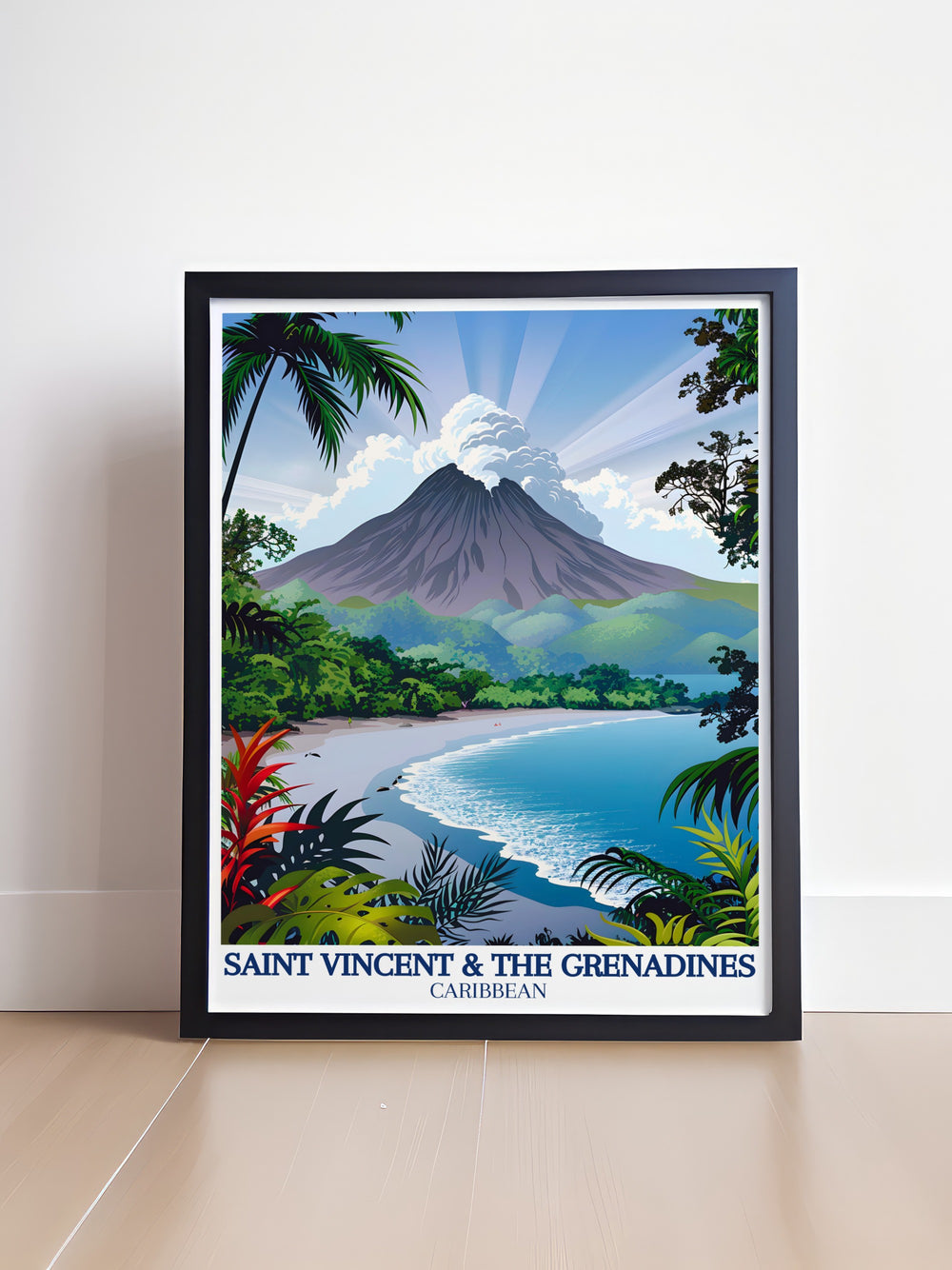 Bring the awe inspiring beauty of Saint Vincents La Soufrière Volcano into your home with this stunning travel poster. The lush greenery and striking volcanic landscape make it an ideal piece for tropical décor and a thoughtful gift for travelers.