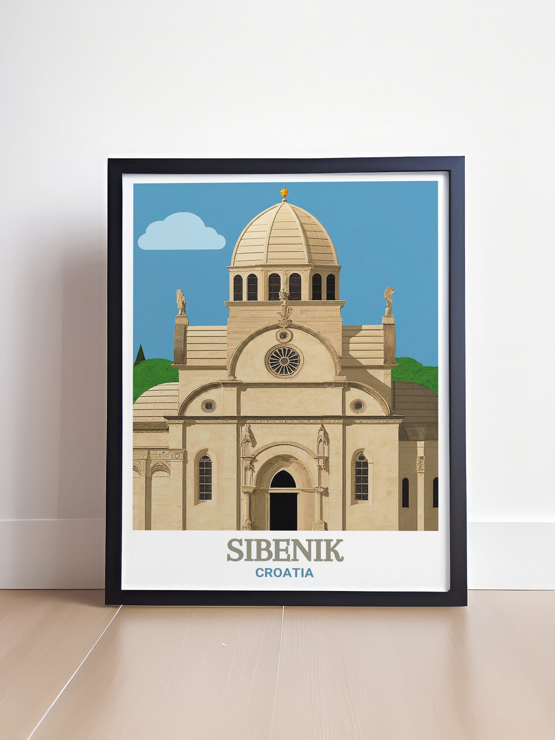 Vintage poster of Sibenik and St. James Cathedral, capturing the timeless beauty of Croatias coastal town and its architectural marvel. The artwork emphasizes the historical and cultural significance of these landmarks, perfect for anyone with a passion for Croatian heritage.