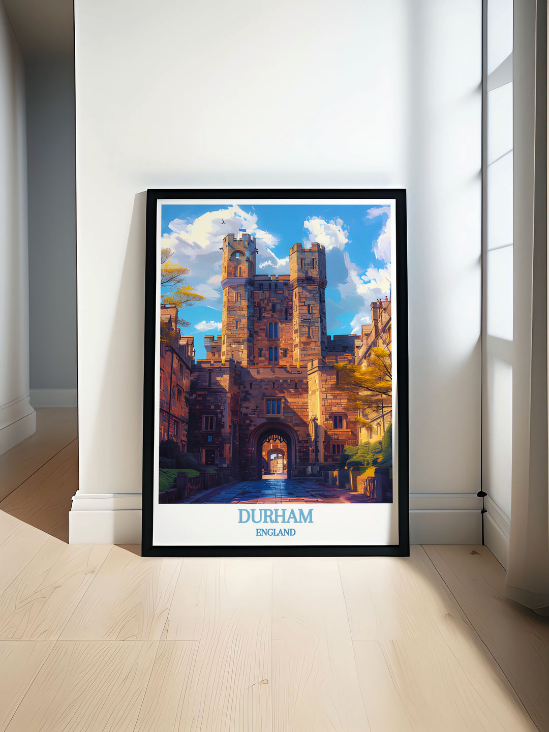 Durhams rich history and scenic landscapes are celebrated in this poster, featuring the iconic castle and inviting you to explore its enchanting streets.