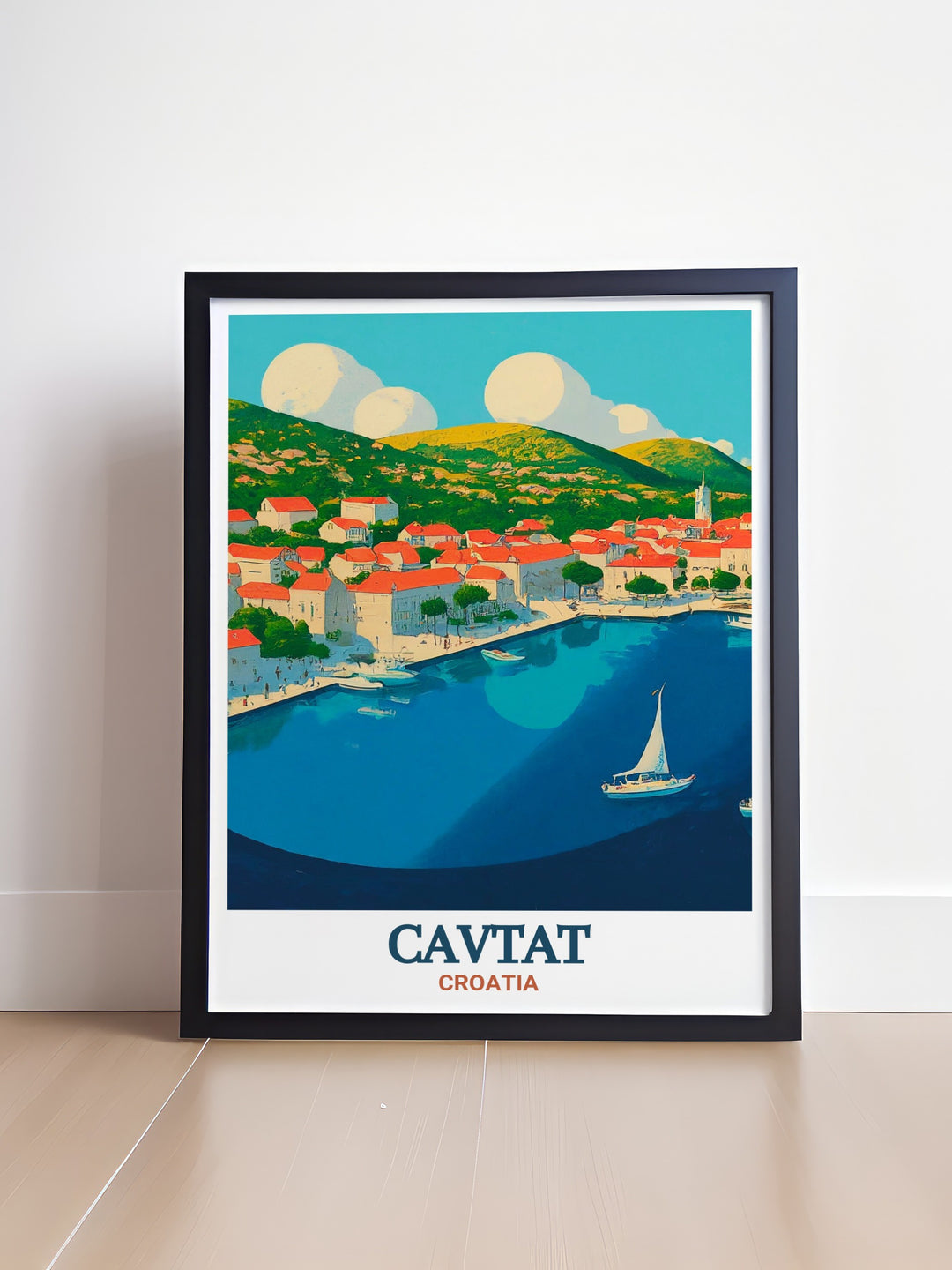 Cavtat Harbor travel print showcases the quaint town of Cavtat, Croatia, with its idyllic waterfront and picturesque streets, bringing a slice of Mediterranean paradise into your home.