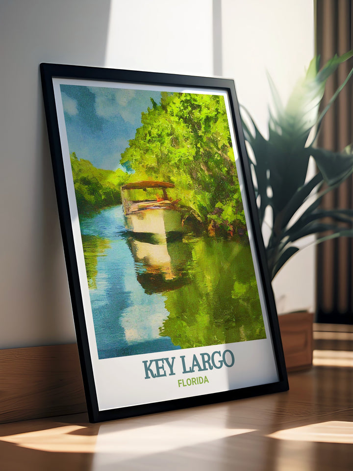 Bring the beauty of Key Largo and the historical significance of the African Queen Canal Cruise into your home with these Florida travel prints featuring stunning colors and intricate designs perfect for any living room or office wall decor collection.