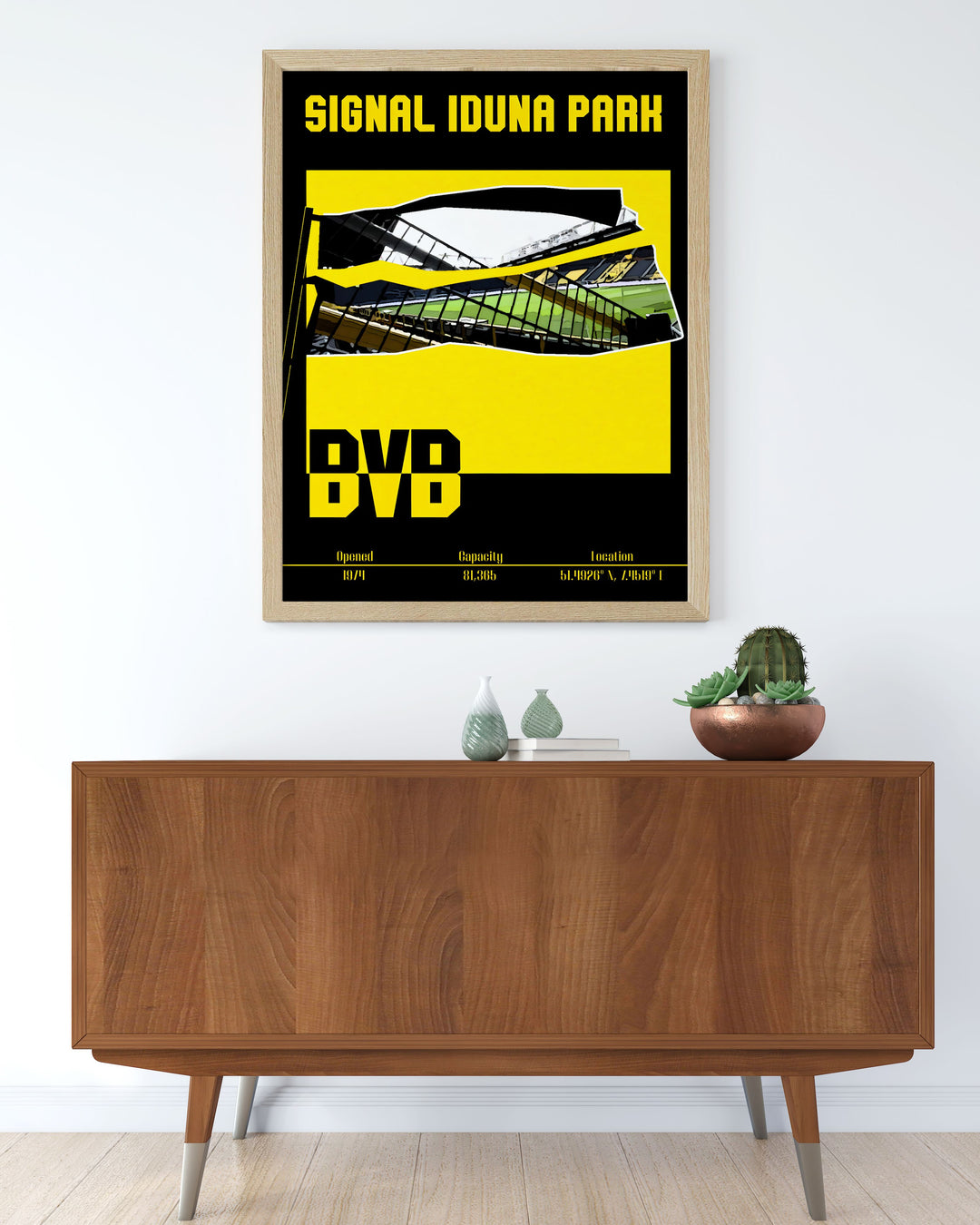 The Dortmund Poster highlights the electrifying atmosphere of Signal Iduna Park featuring Marco Reus in action alongside stars like Julian Brandt and Karim Adeyemi a must have for any true fan of Dortmund football