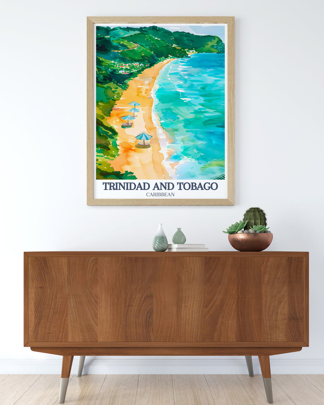 This Trinidad and Tobago travel print showcases the serene Maracas Bay, a favorite destination for beach lovers in the Caribbean. The vibrant colors and detailed design make this framed artwork a beautiful piece for any home or office.