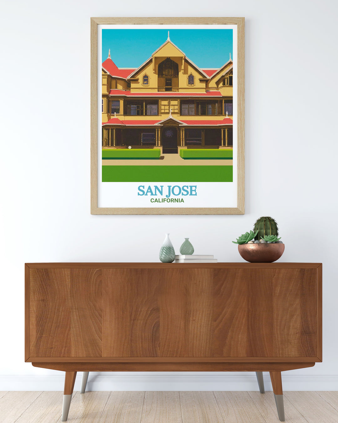 Travel poster capturing the eerie yet captivating essence of the Winchester Mystery House in San Jose, perfect for adding a mysterious focal point to your living space.