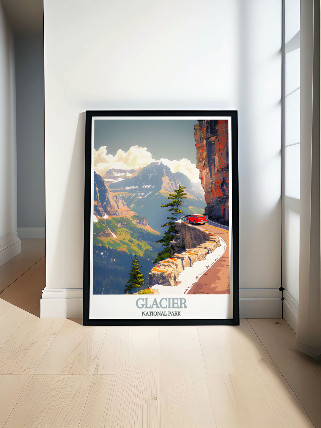 This Glacier Bay Travel Print highlights the majestic views of Going to the Sun Road, a beloved landmark in Glacier National Park. Ideal for gifting or enhancing your own space, this artwork is a tribute to the great outdoors.