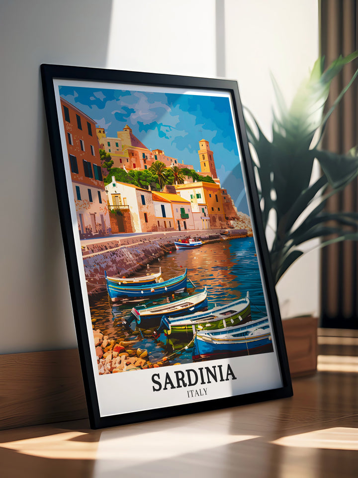 Illustration of Alghero Waterfront Promenade in Sardinia captures the charm of the Mediterranean Island. Stunning Sardinia wall art featuring Italian heritage and Sardinian beaches. Perfect decor for those looking for a beautiful Italy print for their home.