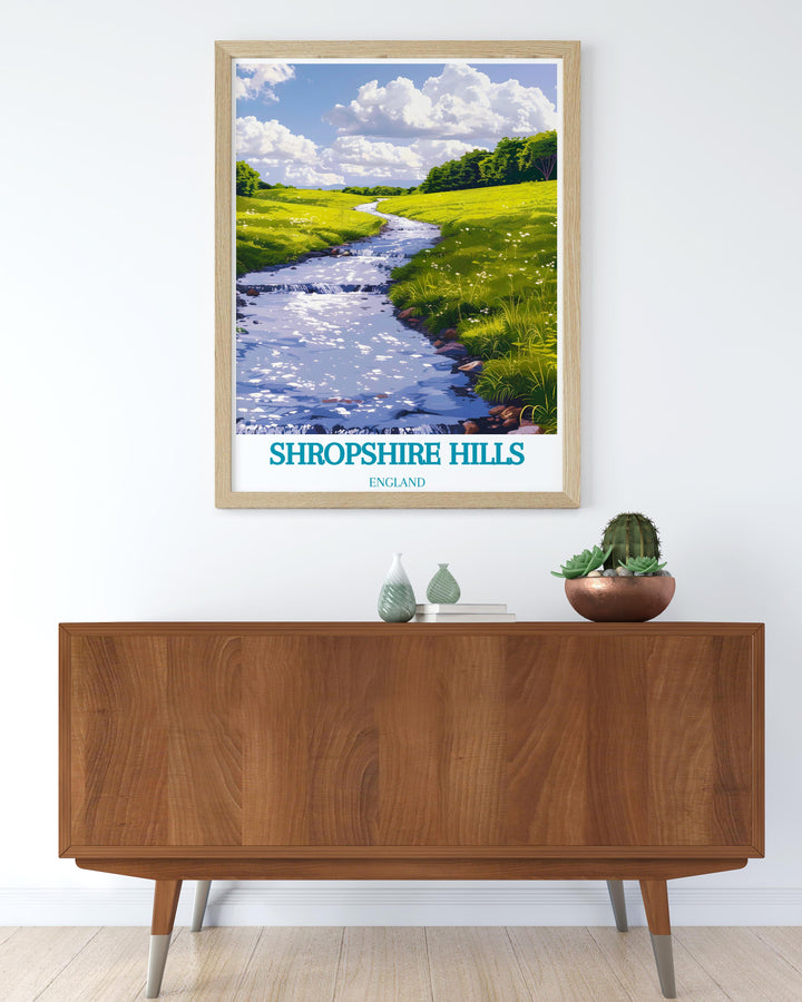 Shropshire Wall Art highlighting Carding Mill Valley and Caer Caradoc offers a timeless depiction of the Shropshire Hills AONB designed as a vintage travel print this artwork is perfect for those who want to bring a touch of natural beauty into their living space.