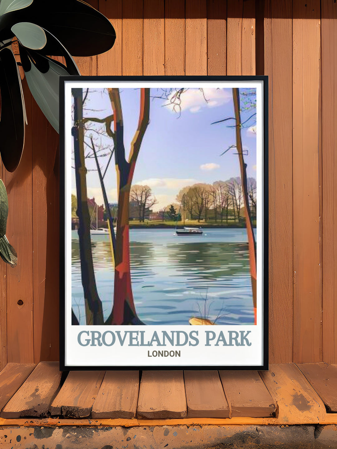 Grovelands Park Lake artwork offers a timeless depiction of one of Londons cherished parks. Perfect for creating a peaceful living room decor this vintage travel print complements any collection of North London park prints and local art.