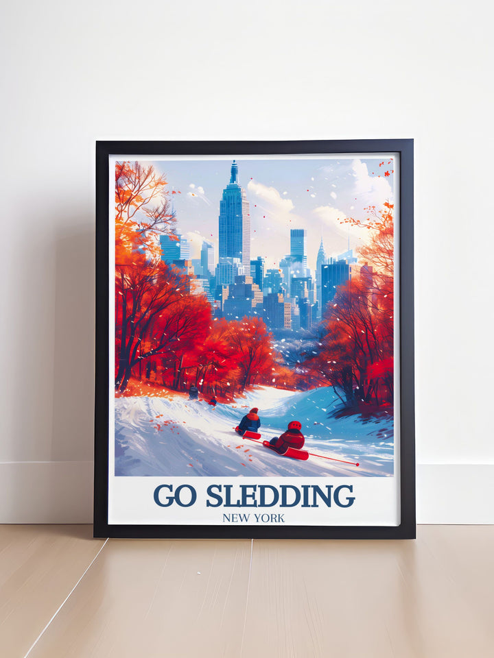 A detailed print of people sledding down the snowy hills of Central Park, capturing the excitement and winter fun against the backdrop of New York City.