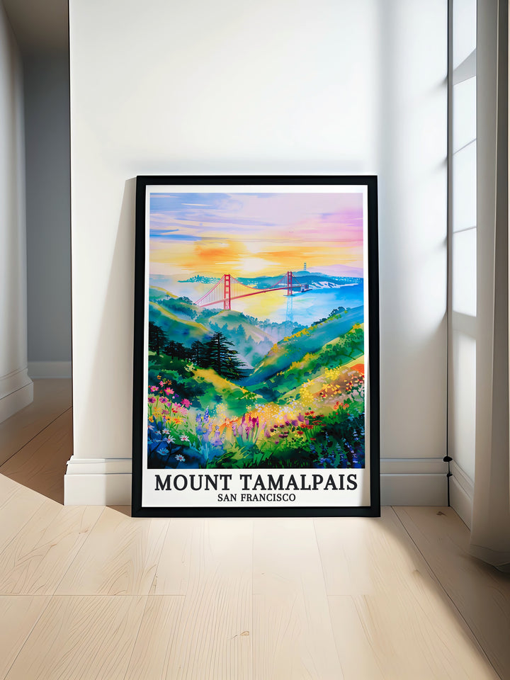 Mount Tamalpais art poster highlighting the beauty of California with views of the Pacific Ocean and Golden Gate Bridge, perfect for California travel decor and gifts. A stunning piece of California artwork for any home or office.