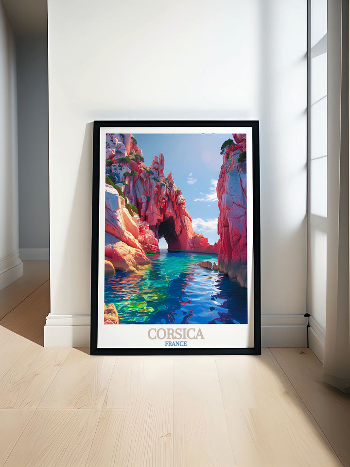 Stunning Calanques de Piana wall art featuring vibrant illustrations of Corsica France perfect for adding a touch of elegance to your home decor ideal for living spaces and travel enthusiasts looking to capture the beauty of this Mediterranean paradise