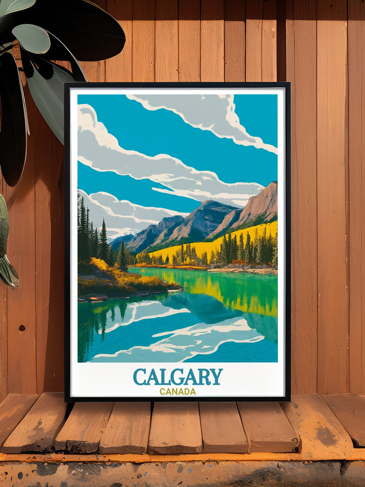 Fish Creek Provincial Park home decor print featuring vibrant colors and detailed artwork. This Canada travel gift is perfect for nature lovers who want to bring the tranquility of the park into their living space or office.