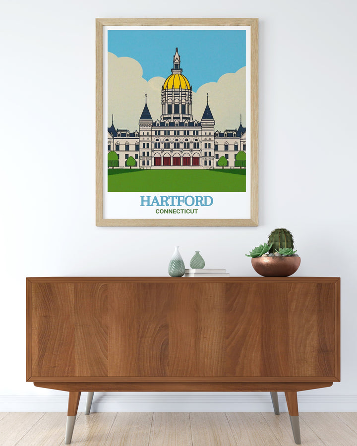 Hartford art print showcasing a detailed map of the city with the Connecticut State Capitol in bold vibrant colors. Ideal for those looking to add modern decor to their space this wall art makes a unique and thoughtful gift for any occasion.