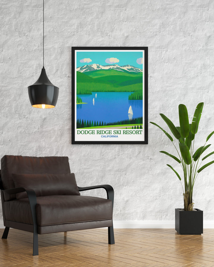 Vintage poster of Dodge Ridge Ski Resort and Pinecrest Lake showcasing a classic ski scene with vibrant colors and intricate details. This print evokes nostalgia and adventure, making it an ideal addition to any collection of retro ski art.