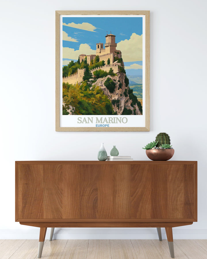 A beautifully crafted art print of San Marinos Guaita Tower, capturing the medieval fortress in all its glory. This travel poster is ideal for anyone looking to bring a piece of European history into their home, perfect as a unique travel gift or decor piece.