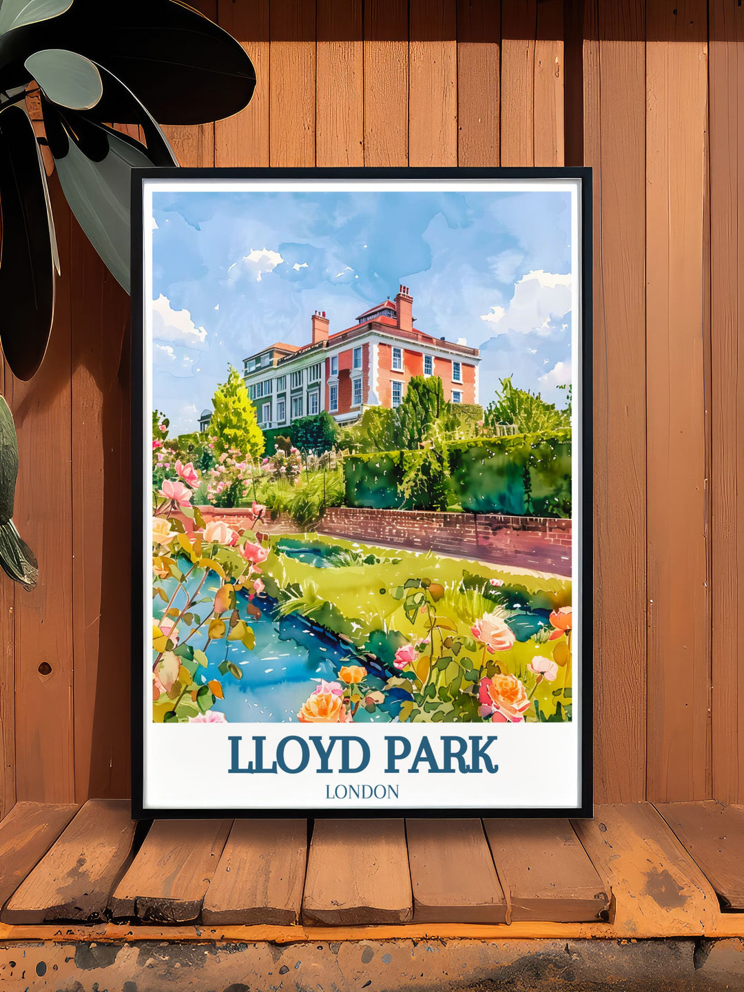 London travel poster depicting the tranquil rose garden at William Morris gallery in Lloyd Park. This framed print adds elegance to any room. Perfect for art enthusiasts and London lovers.