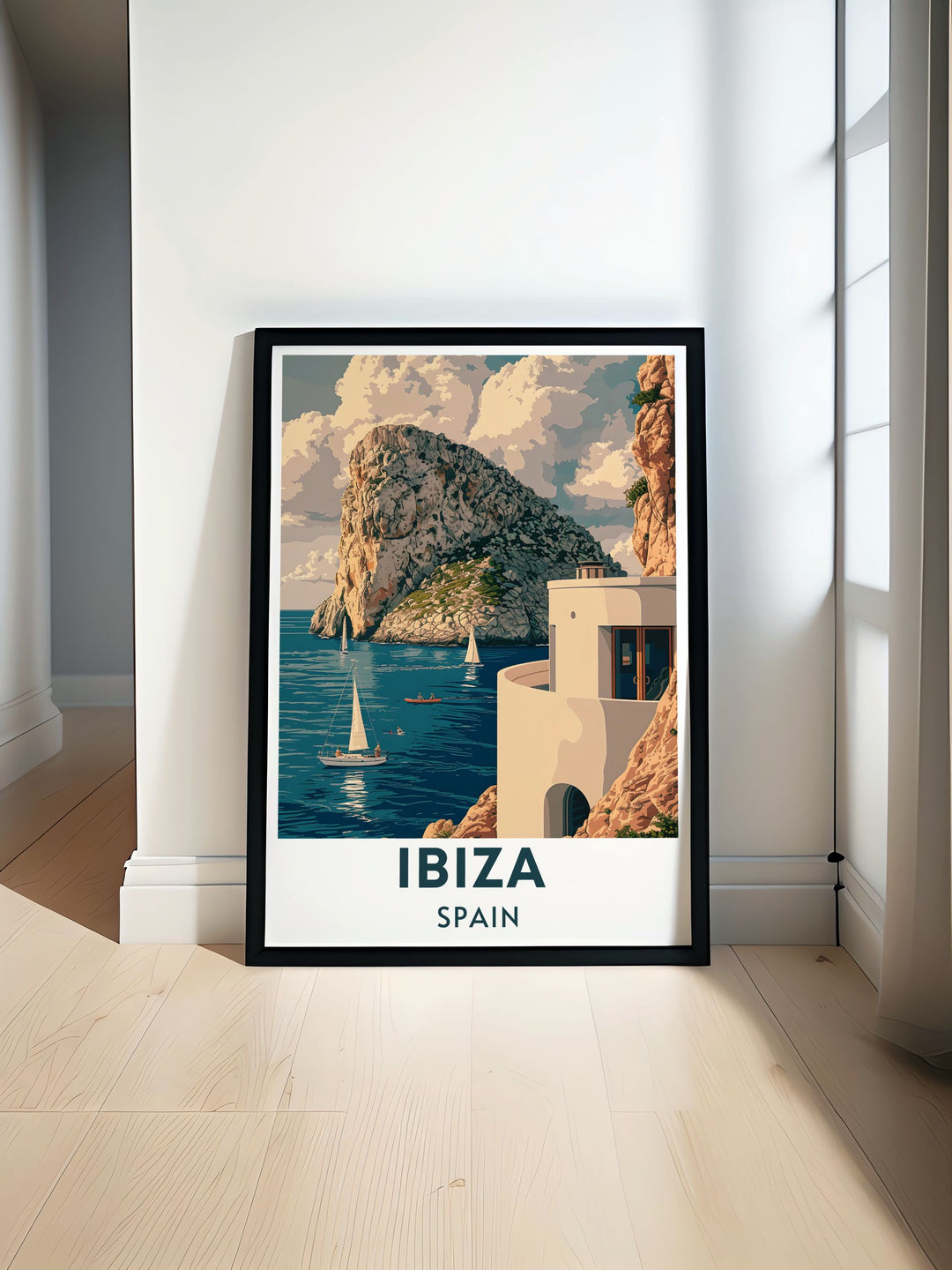 This art print features the mystical Es Vedrà, capturing its dramatic rise from the Mediterranean Sea and its serene beauty. Ideal for those who love serene settings and mythical landscapes, this poster brings the charm of Ibiza into your decor.