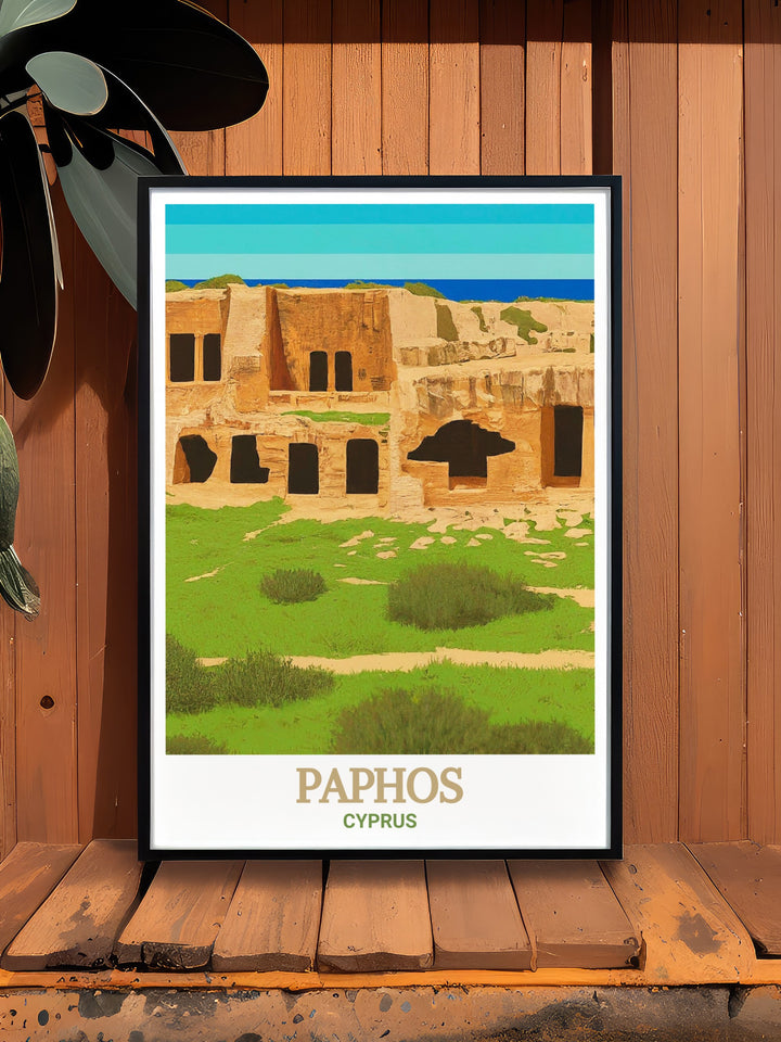 Add a piece of Cypruss rich history to your decor with this exquisite Tombs of the Kings wall art, showcasing the architectural beauty and historical significance of these ancient tombs. This piece serves as a daily reminder of the islands cultural heritage.