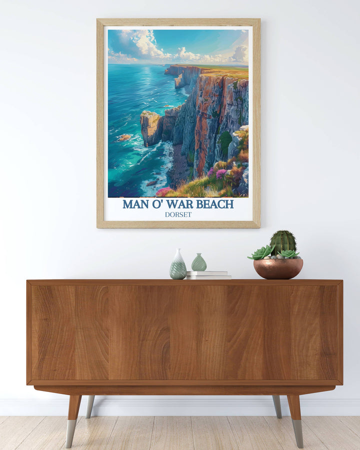 Durdle Door Arch and Jurassic Park Cliffs framed print featuring the picturesque scenery of Dorset ideal for home decor and gift giving capturing the essence of these stunning coastal landmarks in vibrant colors and detailed imagery perfect for travel enthusiasts and nature lovers.