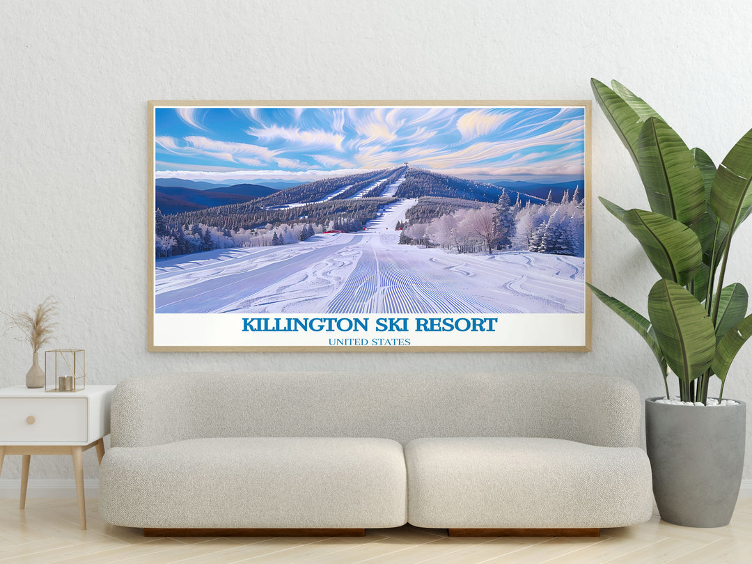 Killington Peak in winter with snow laden trails and skiers enjoying the snowy slopes. The image highlights the excitement of skiing and the stunning natural beauty of the peak. Ideal for enhancing any room with a love for winter sports and the picturesque alpine environment.