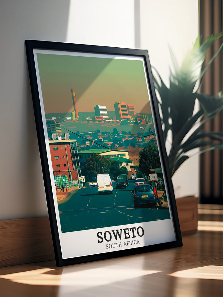 Johannesburg Travel Poster featuring Sowetos Meadowlands, designed to capture the essence of this historic area, making it a perfect piece for anyone interested in the stories and culture of South Africa.