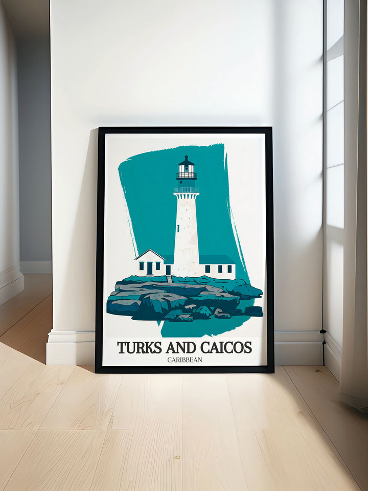 Capture the tranquil beauty of Turks and Caicos with this wall art featuring the Grand Turk Lighthouse. The artwork is perfect for adding a touch of tropical elegance to your home or as a unique travel gift.