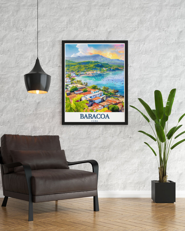 High quality Cuban travel poster of Baracoa, capturing the historic charm of Cubas oldest city with its colonial architecture and vibrant street life. Perfect for vintage travel art enthusiasts and enhancing your home or office decor.