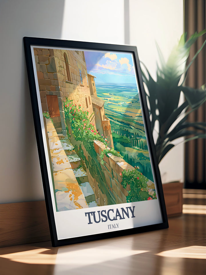 This Tuscany poster print captures the timeless beauty of the Val dOrcia, featuring the serene town of Pienza surrounded by fields of golden wheat and lush greenery. Ideal for adding a touch of Italy to your home décor.