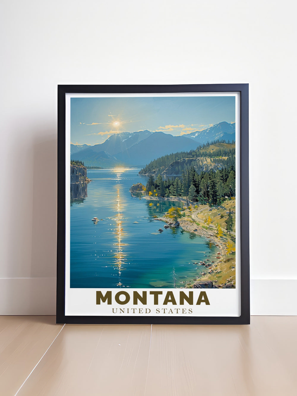 Montana Print beautifully illustrates the natural landscape of Flathead Lake, featuring its crystal clear waters and rugged mountain surroundings. This wall art is perfect for anyone who appreciates Montanas outdoor charm, offering a peaceful and inspiring addition to any room.